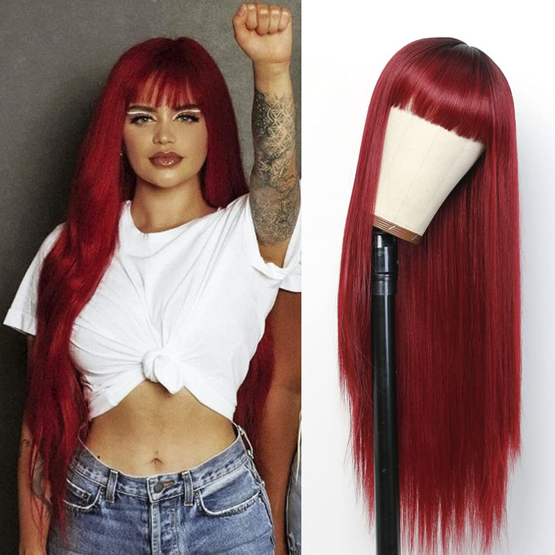 FGY Wine Red Women's Long Straight Hair Natural Hairline Synthetic Wig Honey Golden Brown Pure White With Bangs Daily Wear Wig