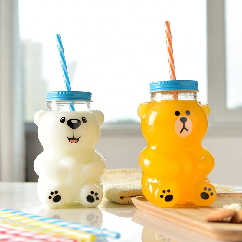 550ml Cute Cartoon Bear Sippy Cup Creative Heat Resistant Glass Water Bottle With Straw Juice Milk Kids Clear Drinking Bottles