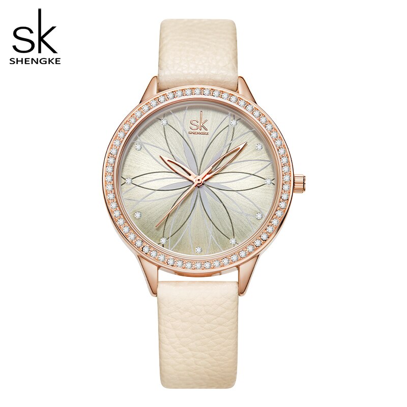 Shengke Women Watches Linear Flowers Surface Leather Watches Crystal Case Japan Quartz Movement Reloj Mujer Montres Femmes