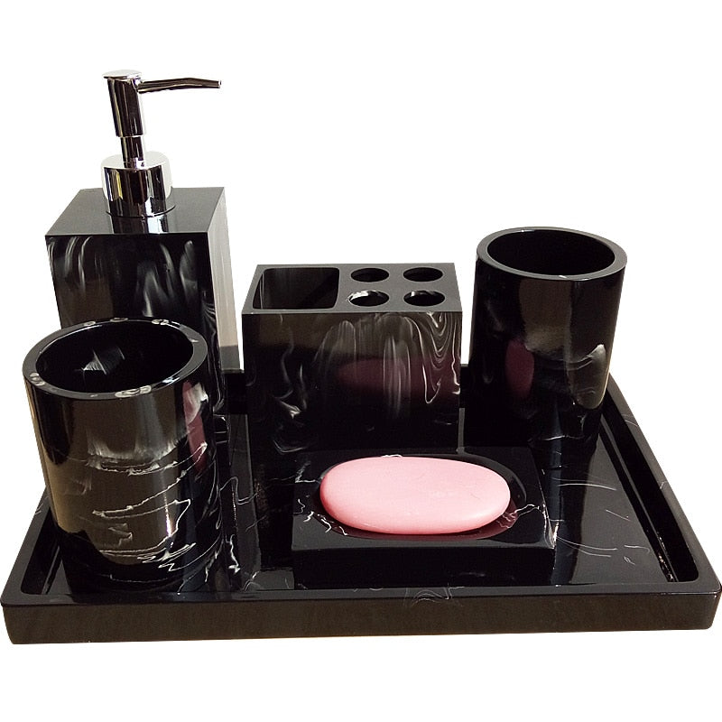 Black Marble Pattern Tray Resin Bathroom Set Toothbrush Holder Soap Dispenser Soap Dish Men&