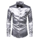 2pcs Silver Silk Shirt+Tie Mens Satin Smooth Tuxedo Shirts Casual Button Down Men Dress Shirts Wedding Party Prom Chemise Homme