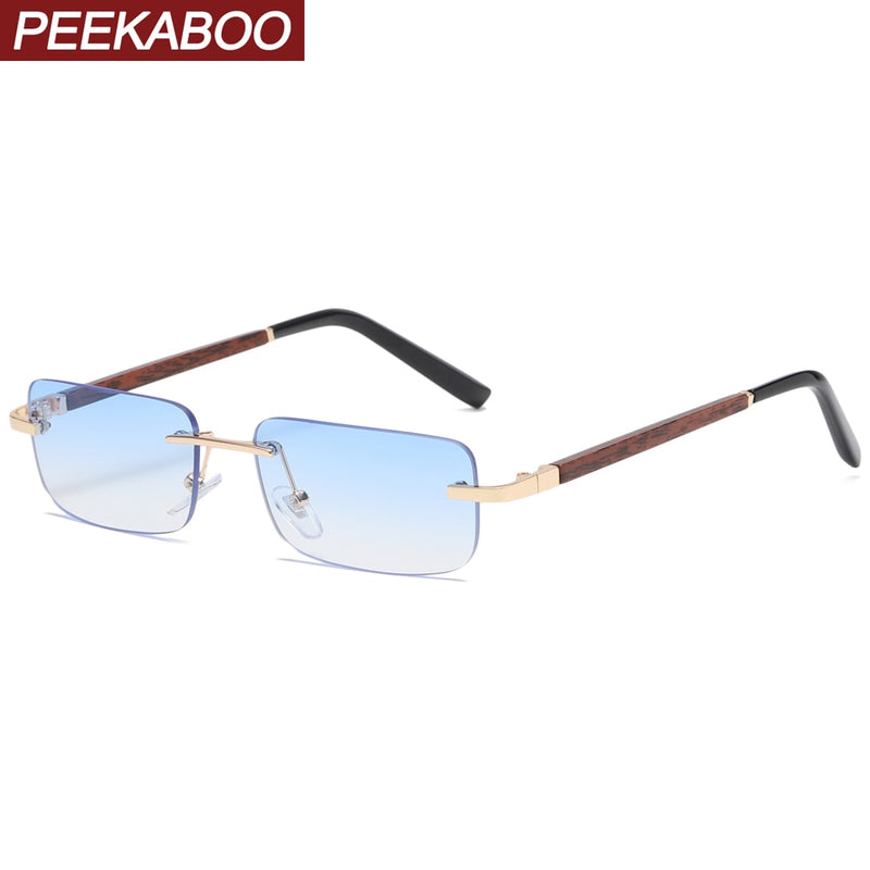 Peekaboo gafas de sol rectangulares sin montura teñidas retro azul marrón marco de madera de imitación sin marco mujeres gafas para hombres uv400