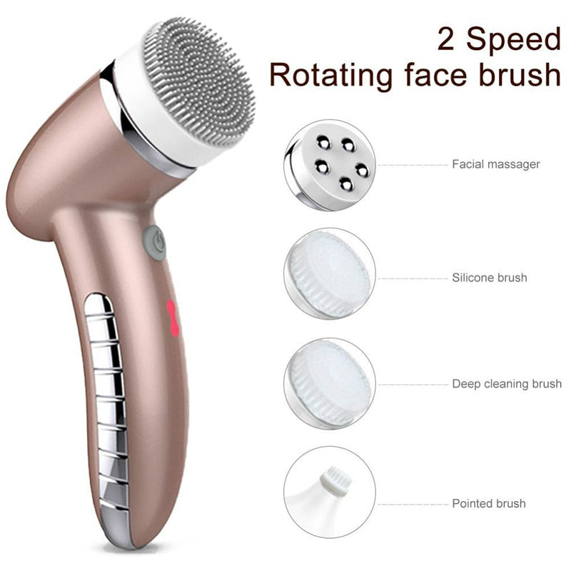 Facial Cleansing Brush Electric USB 360° Rotating Facial Cleansing Brush 4 In 1 Brush tip Face Massager Deep washing Beauty Tool