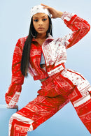 Bandana Print Two Piece Set Causal Paisley Print Long Sleeve Zippers Short Jacket Tops Jogger Pants Suit Outfit Street Tracksuit