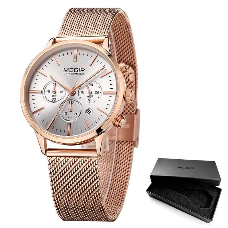 Megir Women's Chronograph Luminous Hands Date Indicator Stainless Steel Mesh Strap Quartz Wrist Watches Lady Rose Gold M2011L-1