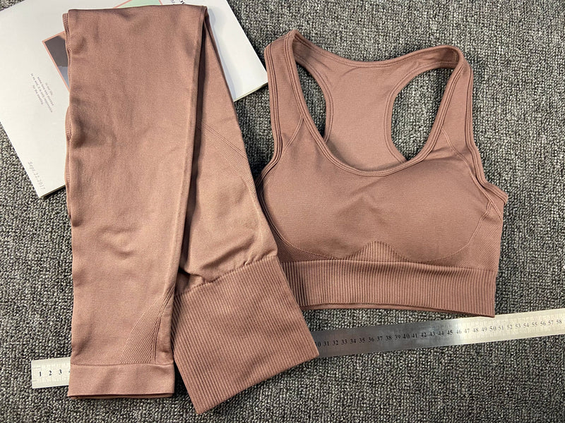 Traje de Yoga sin costuras para mujer, conjunto deportivo de entrenamiento de alta elasticidad, Sujetador deportivo acolchado, mallas deportivas de cintura alta para gimnasio