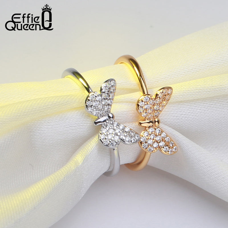 Effie Queen Real 925 Sterling Silver Rings For Women Butterfly Shape With AAA Zircon Silver/Gold-color Ring Female Jewelry BR59