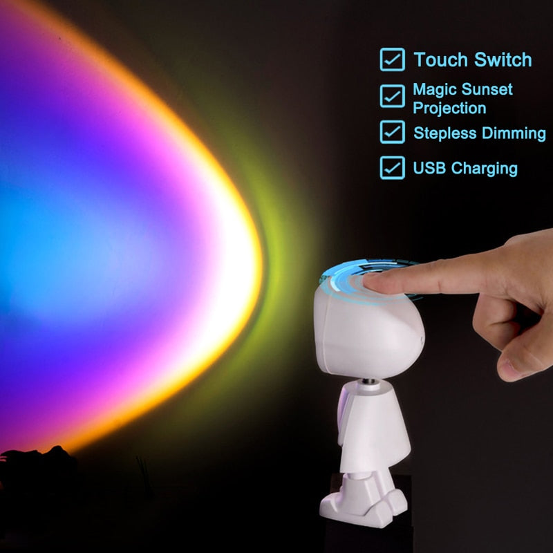 USB 360°sunset Projector Lamp Robot Led Projector Night Lights  Rainbow Sunset Red Selfie Light Bedroom Atmosphere Table Lamp