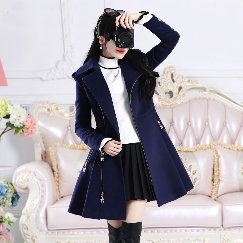 2022 Autumn Winter Women Coats Dark Blue Lady Clothing Zipper Woolen Coat Mid-length Slim