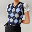 Sweetown Argyle Plaid Knitted Tank Top Female Knitwear Preppy Style Clothes V Neck Casual Crop Sweater Vest 90s Streetwear