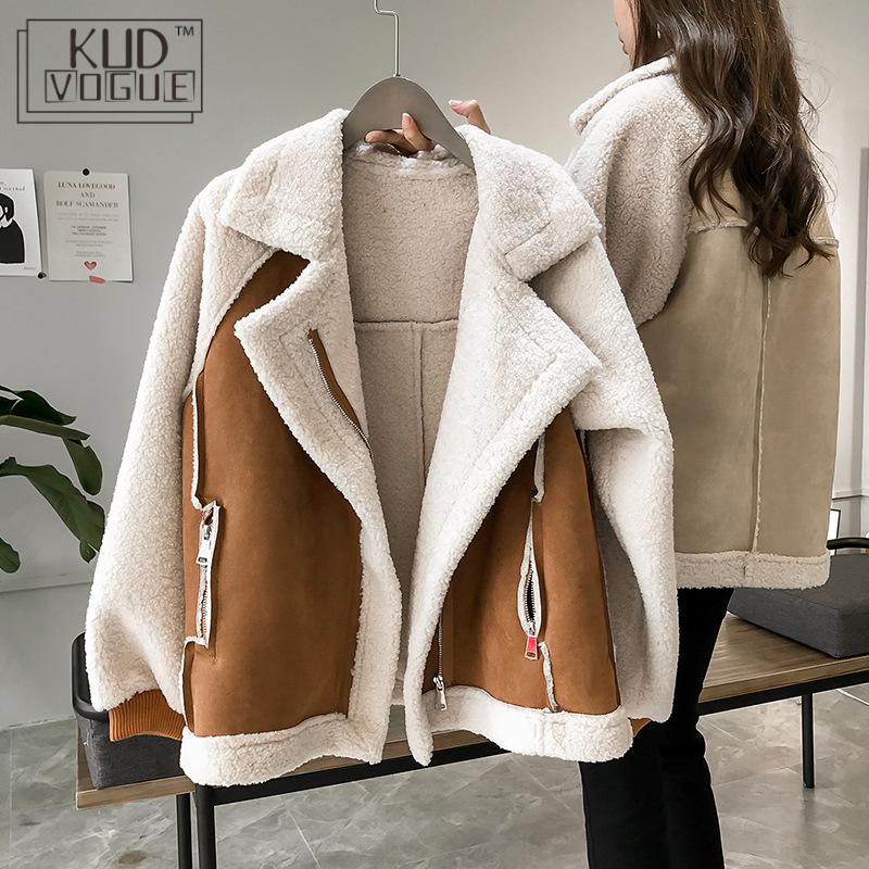 Chaqueta de peluche de gran tamaño de invierno para mujer, abrigos elegantes con cuello de piel de gamuza sintética, chaquetas de motociclista de aviador, abrigo de lana de cordero para mujer, novedad