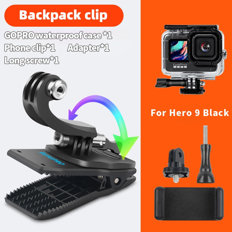 für Go Pro Zubehör 360-Grad-Drehung Rucksacktasche Clipklemme für GoPro Hero11 10 9 8 7 6 5Xiaomi yi für SJCAM SJ4000 Telefon