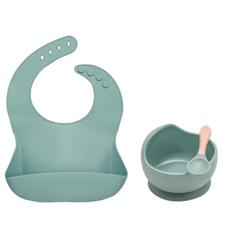 Vajilla de silicona para bebé sin BPA, babero impermeable, toalla Flexible para Saliva, cuenco y cuchara con ventosa de Color sólido para niños