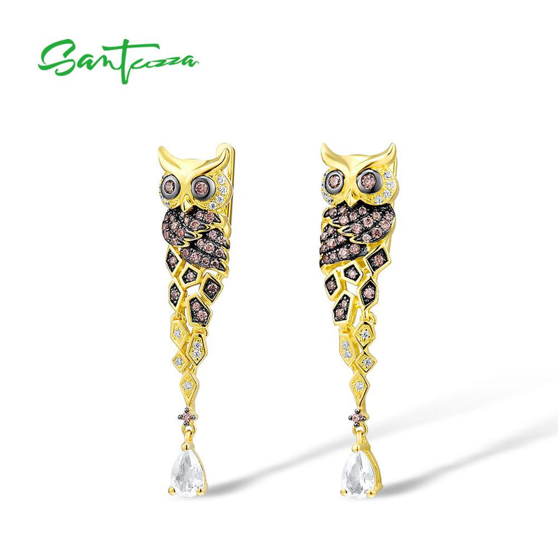 SANTUZZA Silver Earrings For Women 925 Sterling Silver Gold Color Sparkling Chocolate CZ Creative Owl Drop Earrings Fine Jewelry