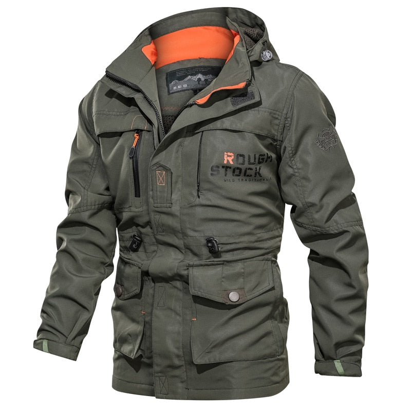 Primavera Hombres Chaquetas tácticas militares Multi-bolsillos Impermeable Casual Cazadora para hombre Abrigo al aire libre con capucha