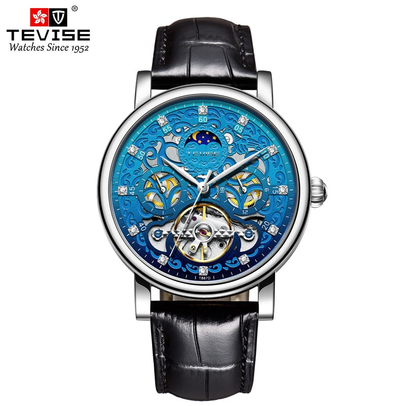 TEVISE Brand Classic Retro Men Watches Automatic Mechanical Watch Men Tourbillon Clock Genuine Leather Waterproof Business Watch