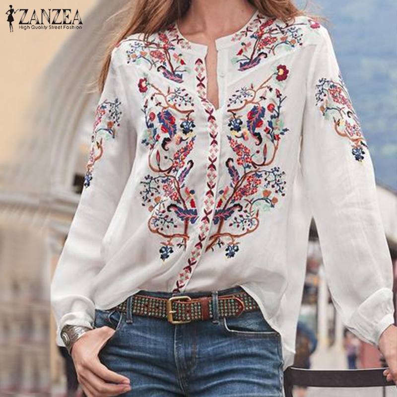 ZANZEA 2022 Mode Gedruckt Tops Frauen Herbst Bluse Bohemian V-Ausschnitt Langarm Shirts Weibliche Beiläufige Lose Blusas Übergroß