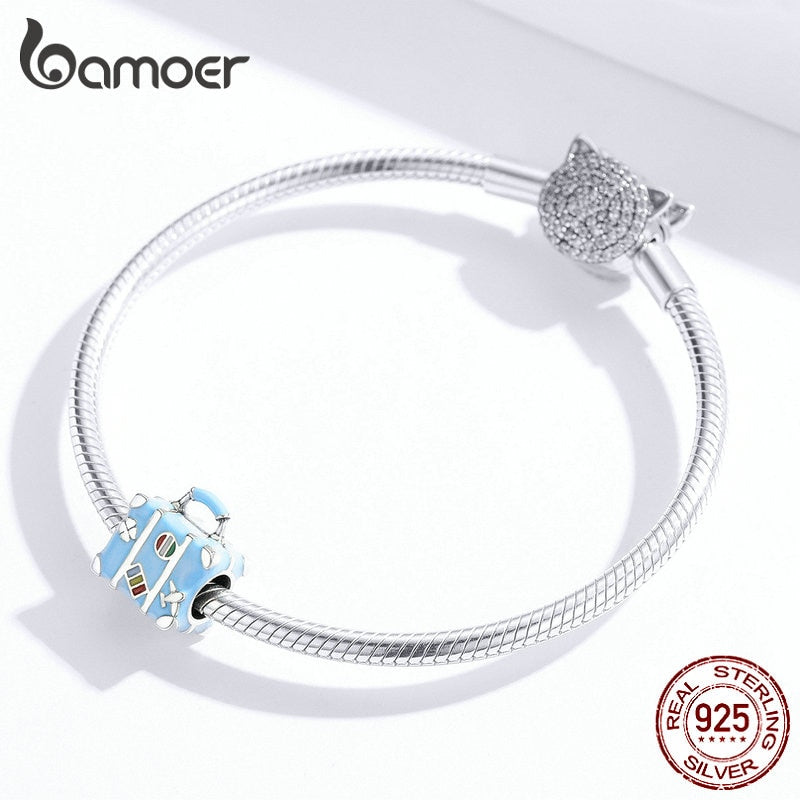 bamoer 925 Sterling Silver Blue Enamel Suitcase Metal Bead fit Women Jewelry Making Original Silver Bracelet DIY Jewelry SCC1377