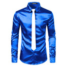 2pcs Silver Silk Shirt+Tie Mens Satin Smooth Tuxedo Shirts Casual Button Down Men Dress Shirts Wedding Party Prom Chemise Homme