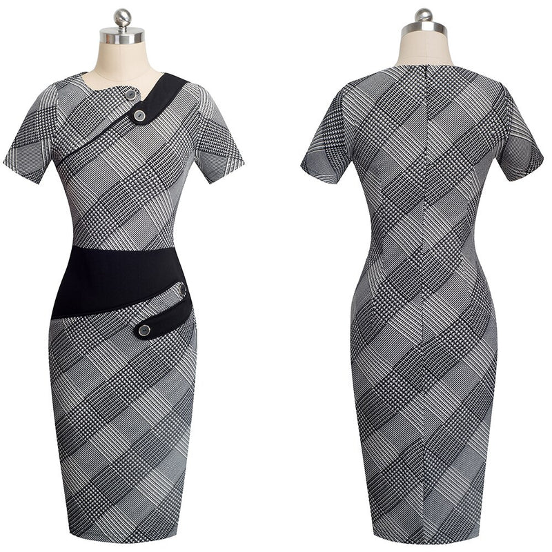 Nice-forever Business Female Pencil Dress Elegant Lady Illusion Patchwork Sheath Buttons Fitted Women Bodycon Bandage Dress b231