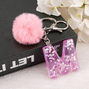 1PC Keyring Pink Color English Letter Keychain with Puffer Ball  26 English word Glitter Resin A TO Q Handbag Charms for Woman