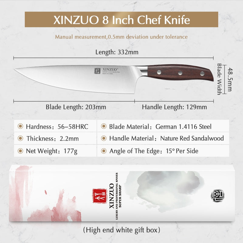 XINZUO 8 ''cuchillo de Chef alemán DIN 1,4116 cuchillos de cocina de acero inoxidable carne verduras cuchillo de cocina mango de sándalo rojo