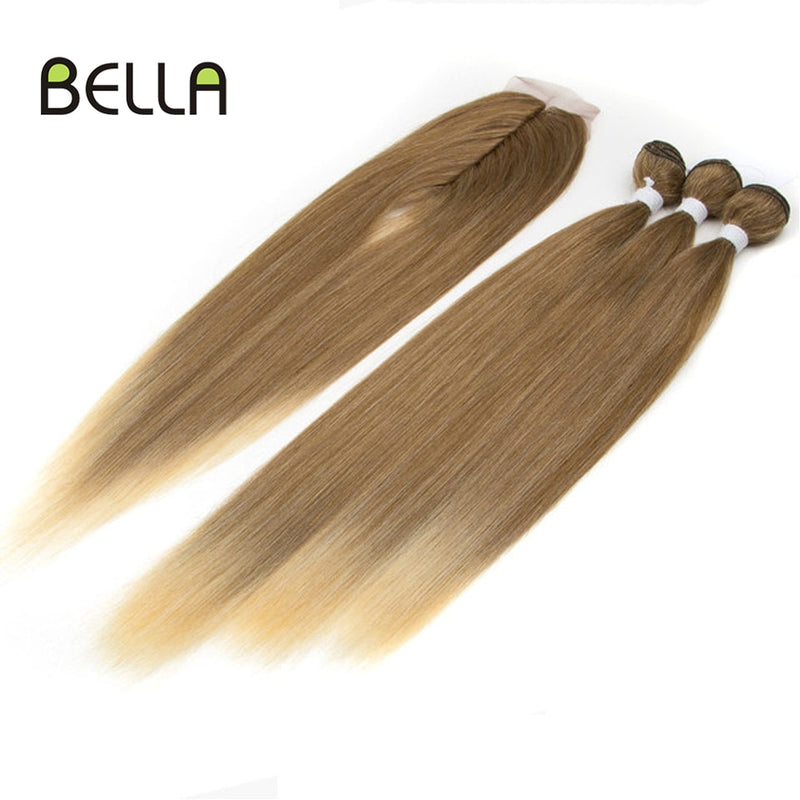 Mechones de pelo liso Yaki mechones Ombre pelo sintético 4 unids/pack 18-22 pulgadas 245g mechones con cierre BELLA extensiones de cabello tejido