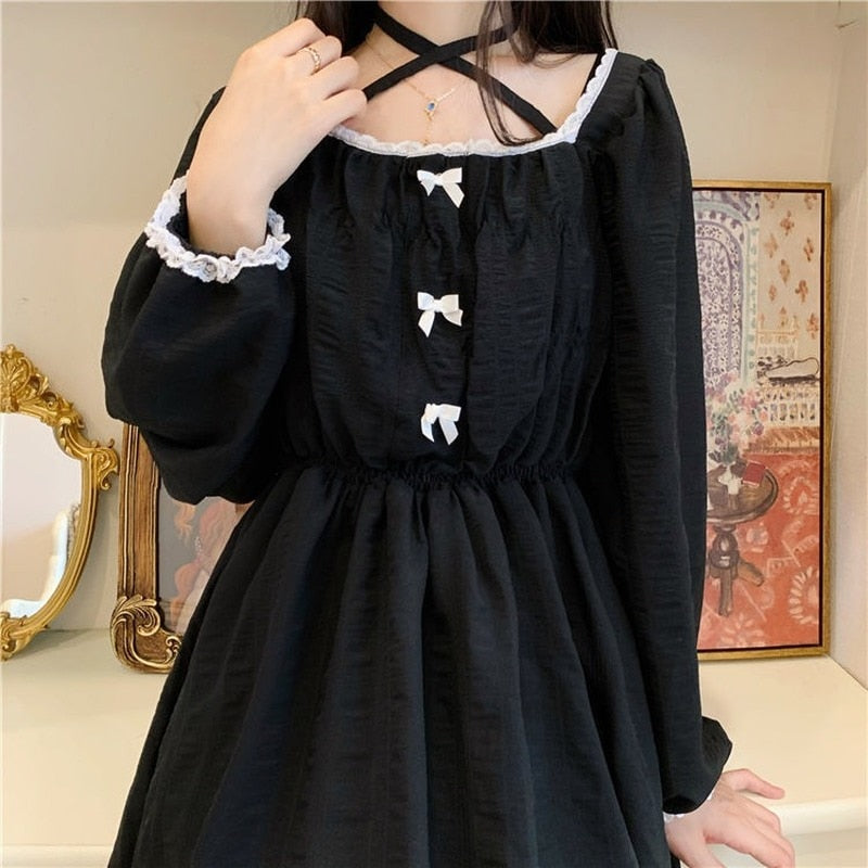 Japanese Lolita Gothic Dress Women Black Cute Vintage Kawaii Chiffon Dress Casual Long Sleeve Y2k Dress New 2020 Women&