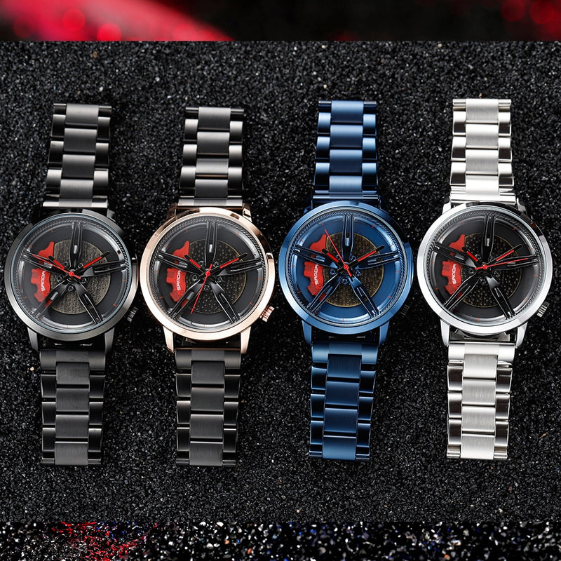 Mann-Mode-Auto-Felgen-Uhr fertigen Auto-Armbanduhr kundenspezifisch an Alle Stahl-kundenspezifische nicht druckende Felgen-Naben-Uhren Relogio Masculino