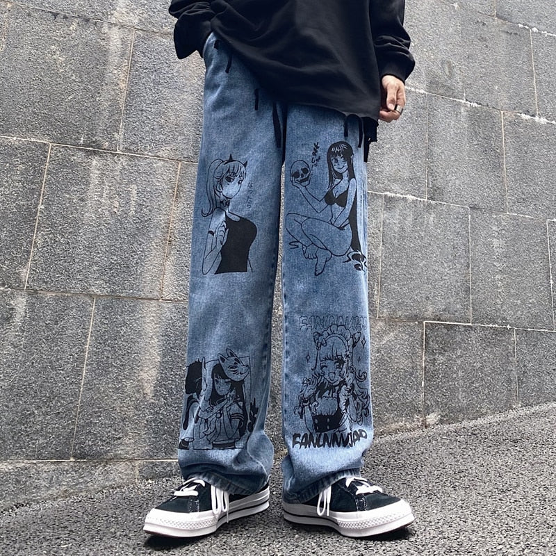 Vintage Washed Jeans Women Streetwear Jeans Harajuku Cartoon Anime Print Jeans Fashion Girl Jeans Loose Wide Leg Pants Cotton