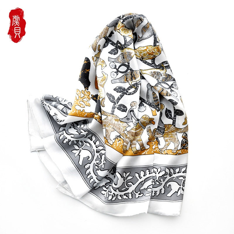 Elegant white 100% real silk satin women scarf printed with animals foulard femme square head scarfs bandana shawl gift for lady