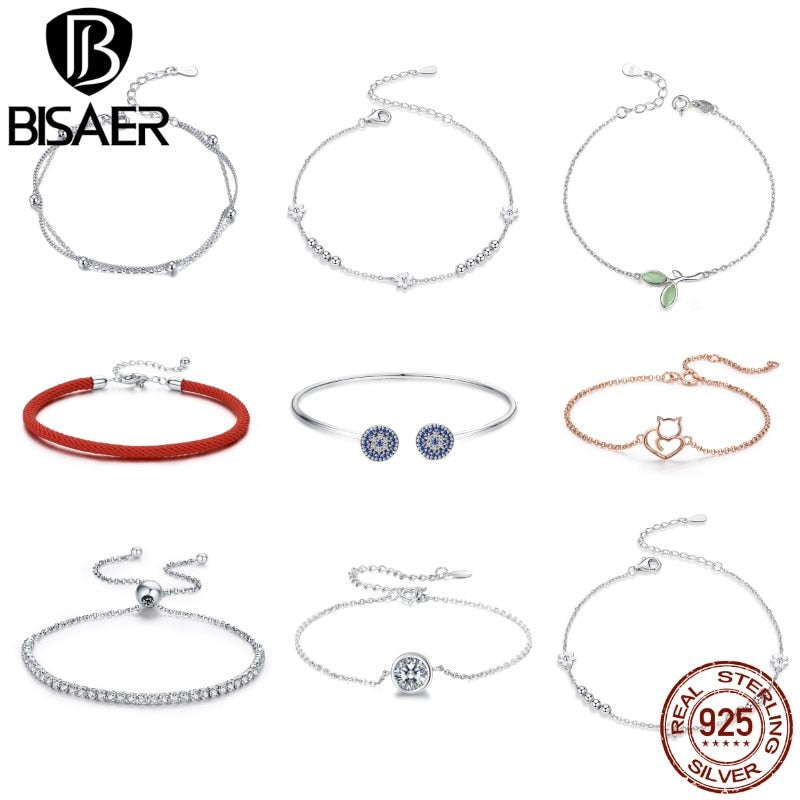 BISAER 925 Sterling Silver Round Lucky Blue Evil Eyes Love Heart Open Cuff Bangles Women &amp; Girl Silver Bracelets Fashion Jewelry