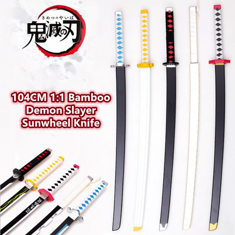 104CM Demon Slayer 1:1 Sunwheel cuchillo Tanjirou Katana bambú Anime arma modelo Ninja niños juguetes Cosplay Prop niño colección de regalos