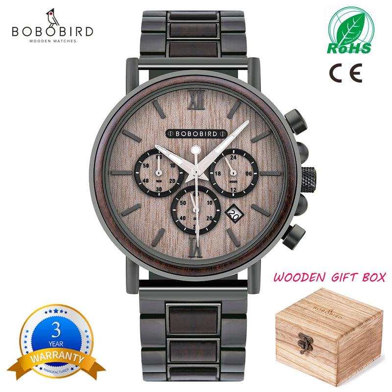 BOBO BIRD Luxury Stainless Steel Wood Watch Men Stylish Timepieces Chronograph Waterproof Watches Valentine&