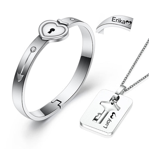 Fashion A Couple Jewelry Sets For Lovers Stainless Steel Love Heart Lock Bracelets Bangles Key Pendant Necklace Couples Set