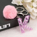 1PC Keyring Pink Color English Letter Keychain with Puffer Ball  26 English word Glitter Resin A TO Q Handbag Charms for Woman