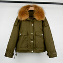 Janveny, chaqueta de plumón de piel auténtica de zorro para mujer, abrigo de plumón de pato blanco 90% holgado corto 2021, prendas de vestir de nieve acolchadas con bolsillos grandes para mujer