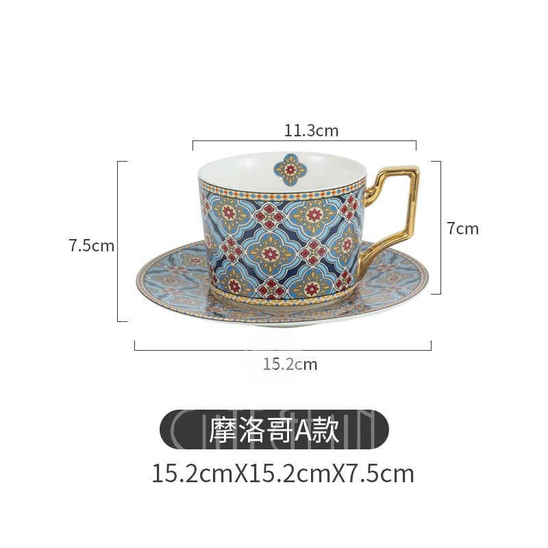 Moroccan Style Luxury Coffee Cup and Saucer Set with Gold Handle for Special Coffee Cappuccino Ceramic Tea Cup 250ml