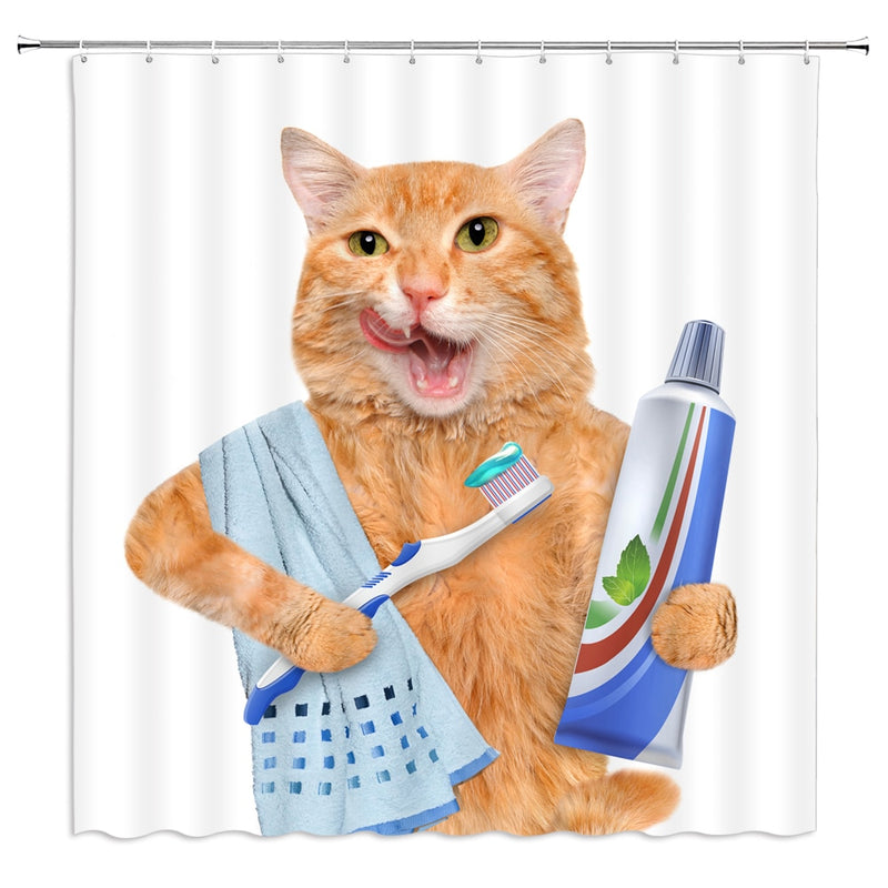 Funny Animal Shower Curtains Decoration Cute Pet Cat Home Bathroom Decor Polyester Bath Cloth Hanging Curtain Set With Hooks