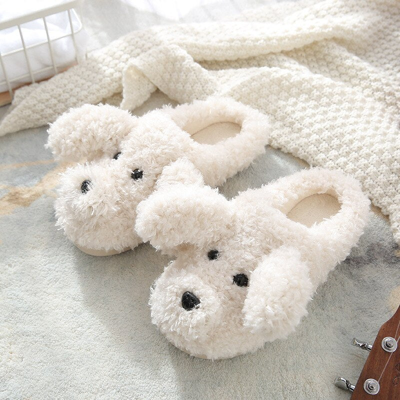 Cute Lucky Dog Anime Home Slippers Women Winter Flip Flops Fashion Ladies Soft Warm Plush Indoor Flat Shoes Couples Men Bedroom