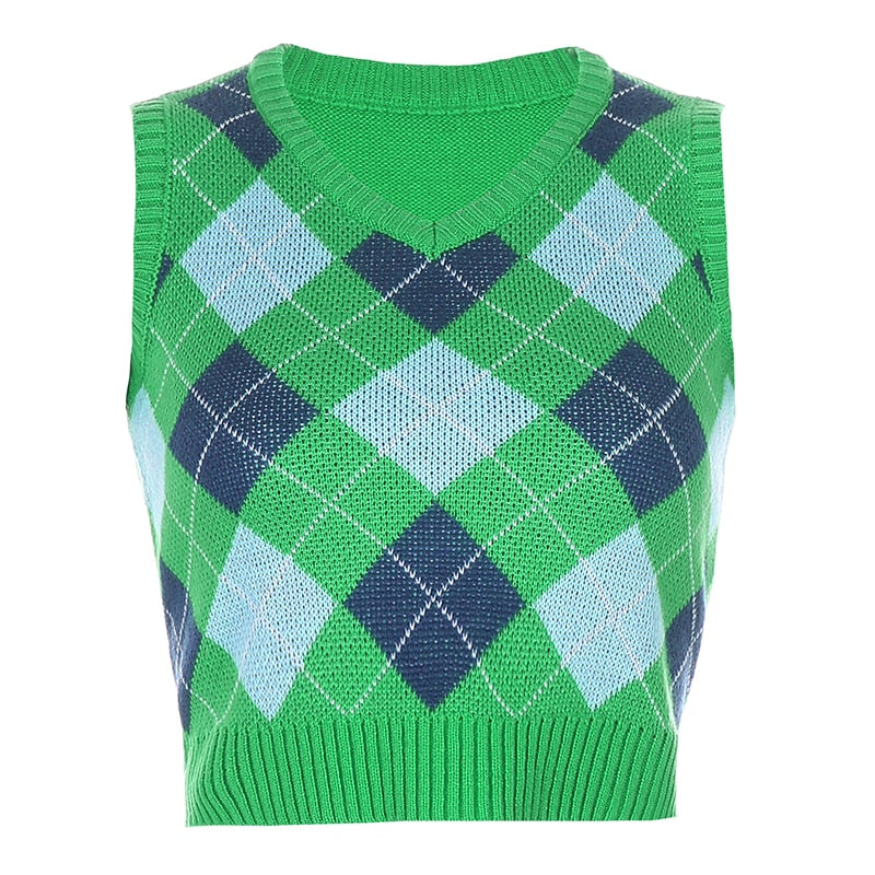 Sweetown Argyle Plaid Knitted Tank Top Female Knitwear Preppy Style Clothes V Neck Casual Crop Sweater Vest 90s Streetwear
