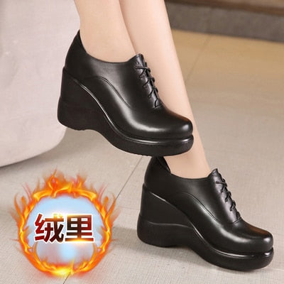 GKTINOO Lace Up Wedges Shoes for Women 2022 Autumn Platform Pumps Woman High Heels Leather Office Shoes Ladies Plus Size 33-43