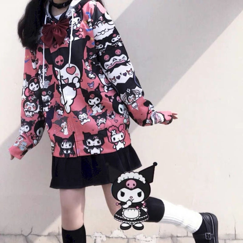 Bonita sudadera de dibujos animados para mujer, ropa de calle Harajuku, sudaderas con capucha divertidas con cremallera, jersey de Anime para mujeres y adolescentes, Tops de gran tamaño, Sudadera con capucha Vintage