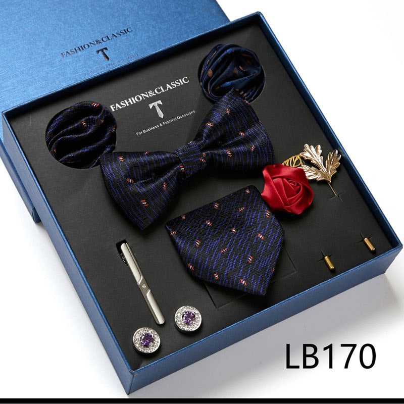 Envío Gratis, conjunto de corbata para hombre, caja de regalo de lujo, conjunto de corbata de seda, 8 Uds., embalaje interior, regalo festivo, pañuelos de bolsillo