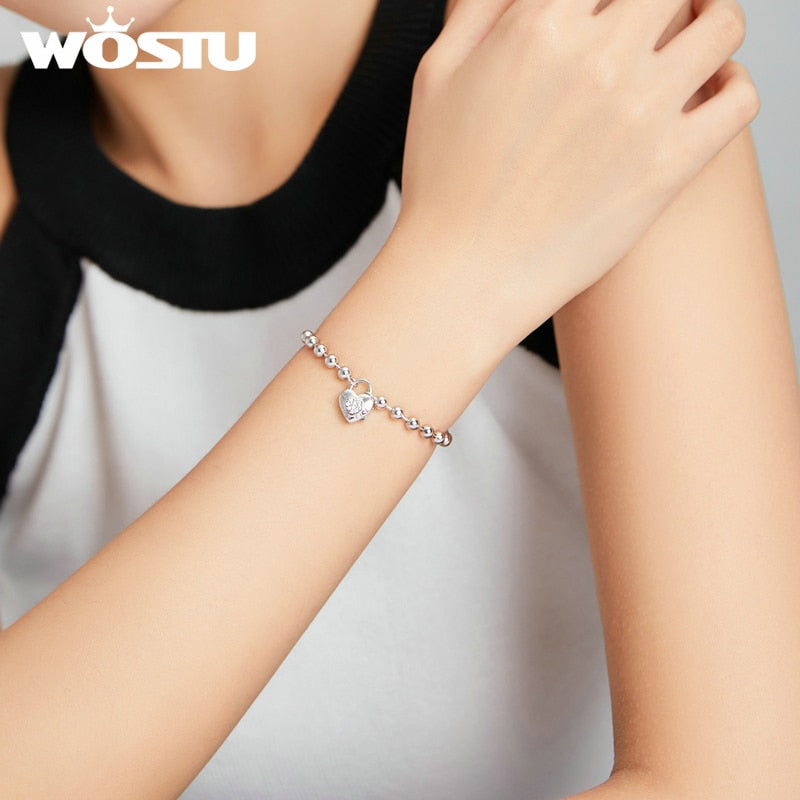 WOSTU Real 925 Sterling Silver Heart Bracelet  Bead Chain Bracelet For Women Wedding Original Bracelet Authentic Jewelry CQB203