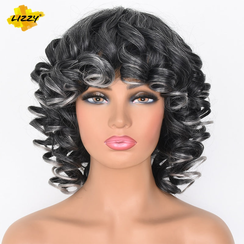 Short Hair Afro Curly Wig With Bangs Loose Synthetic Cosplay Fluffy Shoulder Length Natural Wigs For Black Women Dark Brown 14&quot;