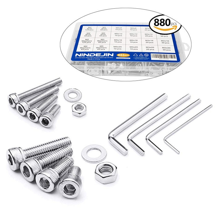 NINDEJIN 580/880pcs Hex Hexagon Socket Screw Assortment Kit M2 M3 M4 M5 Stainless Steel Flat Round Cap Head Bolt and Nut Set