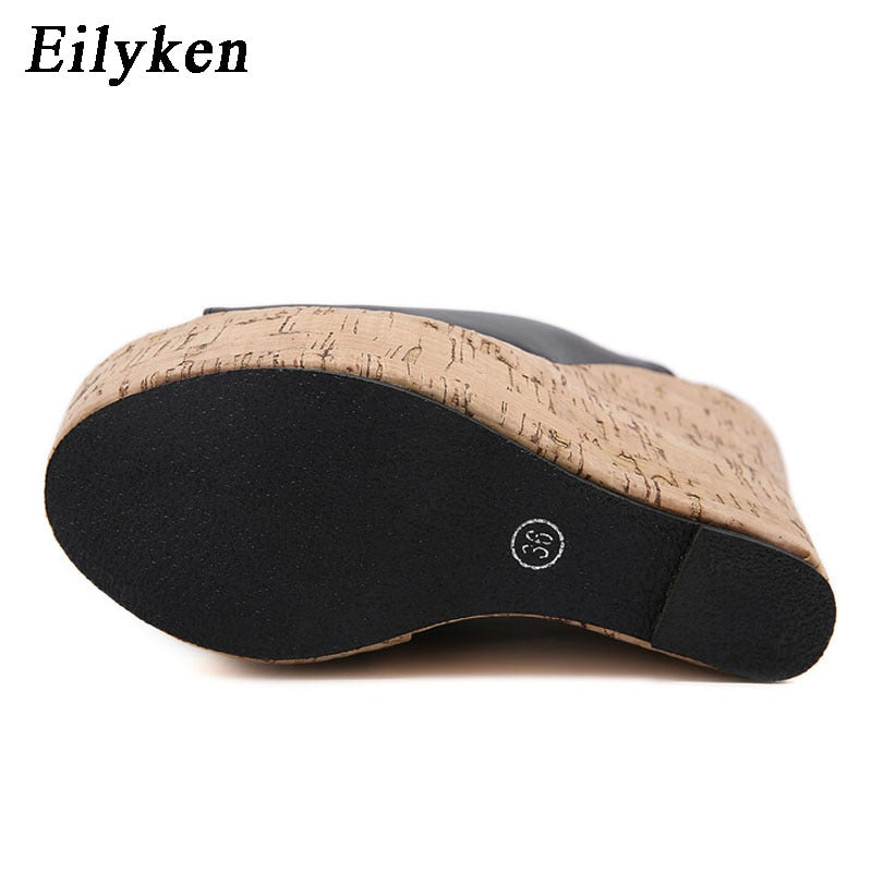 Eilyken Summer Outdoor Fashion Peep Toe Platform Slippers High Quality PU Leather Sandals Women Wedges Heels Ladies Shoes