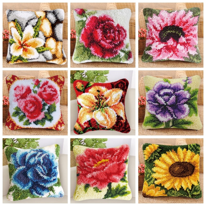 14 Style Flowers Latch Hook Kit Embroidery Crocheting Cross Stitch Latch Hook Needlework Knitting Embroidery Kits Pillows