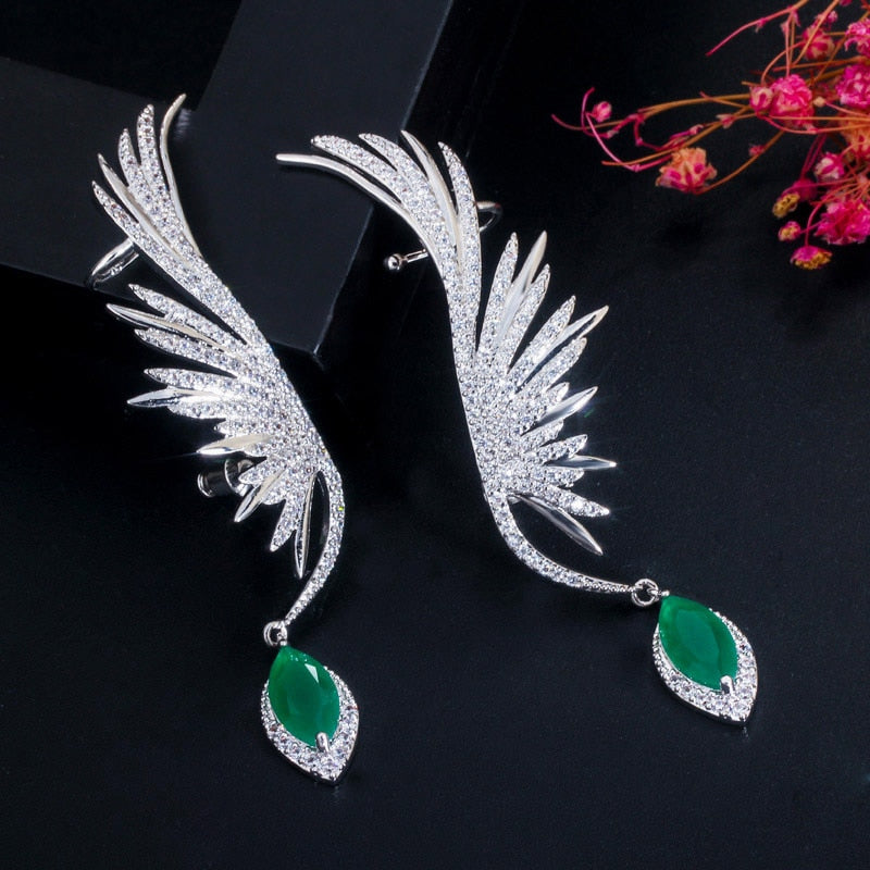 CWWZircons Luxury Full Cubic Zirconia Pave Popular Big Long Drop Feather Wing Ear Cuff Earrings for Women CZ625